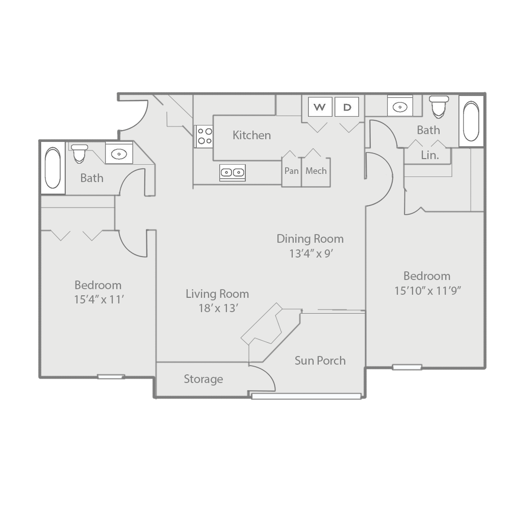 Floor plan for 2 beds, 2 baths, 1286 sqft